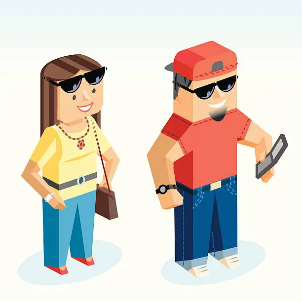 Vector illustration of Cube girl with guy in red hat