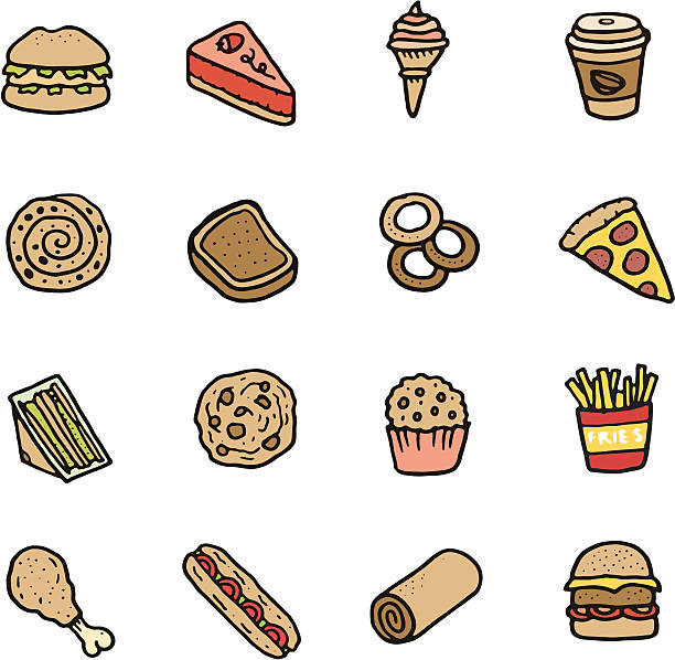 illustrazioni stock, clip art, cartoni animati e icone di tendenza di cibo e bevande doodle icona set - muffin coffee cartoon cake