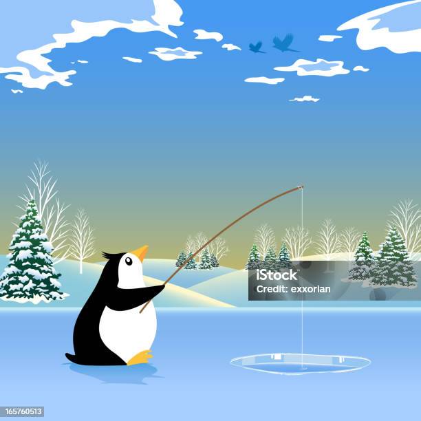 Fishing Penguin Stock Illustration - Download Image Now - Ice Fishing, Lake, Winter