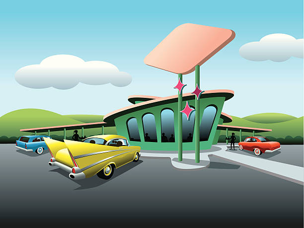 fifties эра drive в diner - drive in restaurant stock illustrations