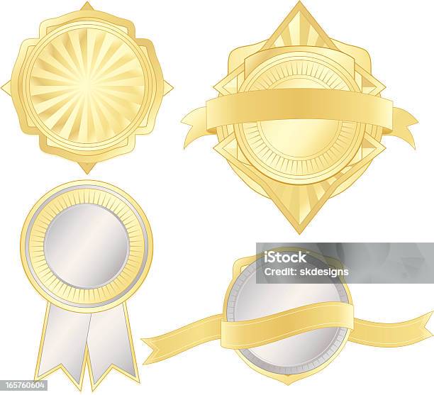 Metaliczne Srebro Złoto Symbolizujące Naklejki I Wstążki Zestaw - Stockowe grafiki wektorowe i więcej obrazów Bodziec