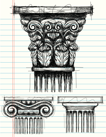 Corinthian, Ionic, and Doric capital sketches on notebook paper. The artwork and paper are on separate labeled layers.  Corinthian(top), Ionic(bottom left), Doric(bottom right).
