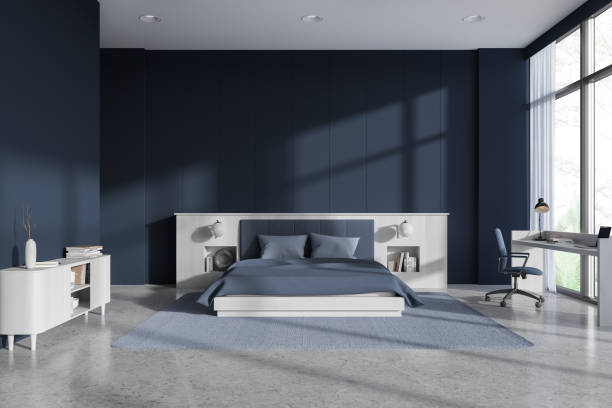 istock Blue hotel bedroom interior with bed, desk and panoramic window. Empty wall 1657606232