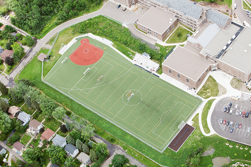 An aerial view of a multi-sports athletic field shot from the open widow of a small plane. This type of field is a becoming popular with new school construction projects in urban areas to make efficient use of little available space. This field is marked for baseball, soccer and football. \u2028http://www.banksphotos.com/LightboxBanners/Aerial.jpg