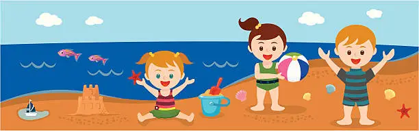 Vector illustration of kids on the beach in Summer