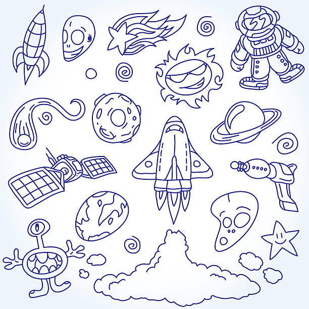 Space Doodles Set Many doodle illustrations about space and universe including spaceships, planets, rockets and aliens astronaut drawings stock illustrations