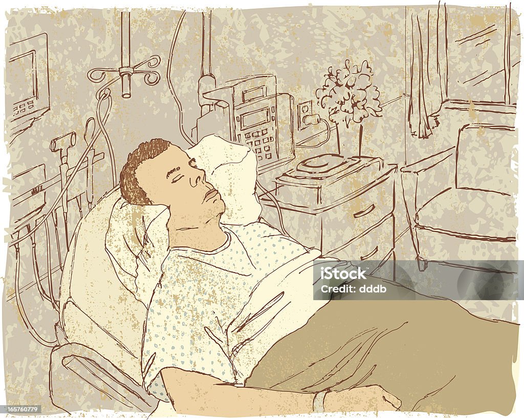 Asleep in a Hospital Room "Hand-drawn sketch of a male patient resting in a hospital room. Layered, vector illustration makes for easy color adjustment. Includes XL 5000x4000 jpg." Patient stock vector