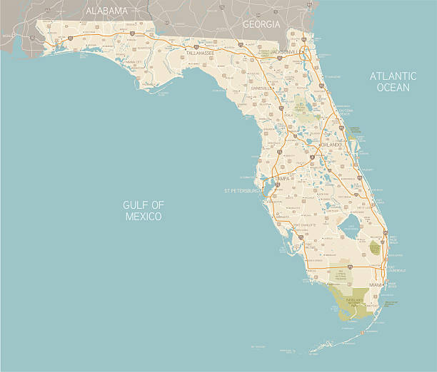 Florida State Map A detailed map of Florida state with cities, roads, major rivers, and lakes plus National Parks and National Forests. Includes neighboring states and surrounding water.  florida stock illustrations