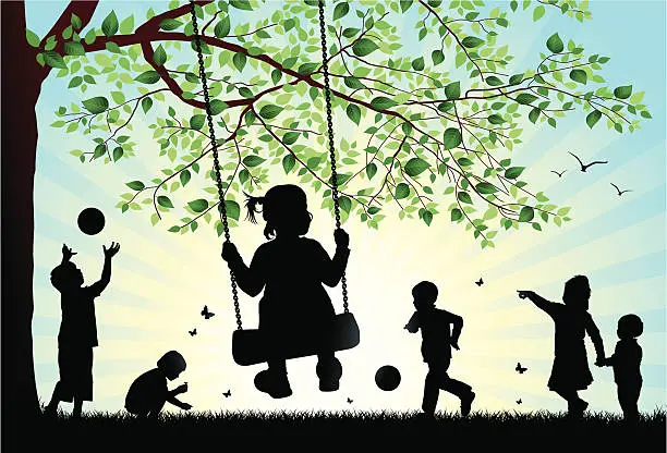 Vector illustration of An illustration of silhouettes of children playing outside