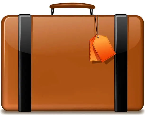 Vector illustration of Cartoon picture of a orange and black suitcase with tags