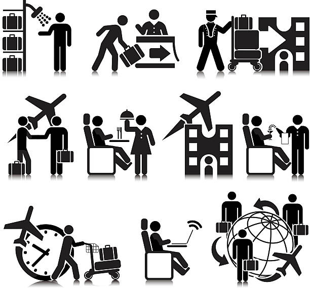 Business Air Travel Vectored business air travel. Based on 1970s AIGA icon designed for the US Department of Transport. This figure is based on the standard sized stick figure rather than the compact version. The format can be blown up to any size without loss of quality. airport porter stock illustrations