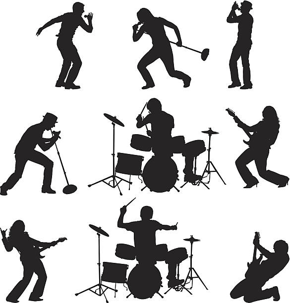 Rock band singing playing guitar and drums Rock band singing playing guitar and drumshttp://www.twodozendesign.info/i/1.png microphone silhouettes stock illustrations