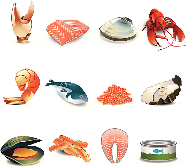 illustrazioni stock, clip art, cartoni animati e icone di tendenza di icone di frutti di mare - sea life centre