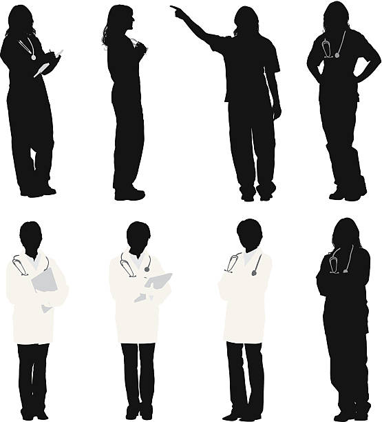 Female doctor and nurses Female doctor and nurseshttp://www.twodozendesign.info/i/1.png nurse silhouettes stock illustrations