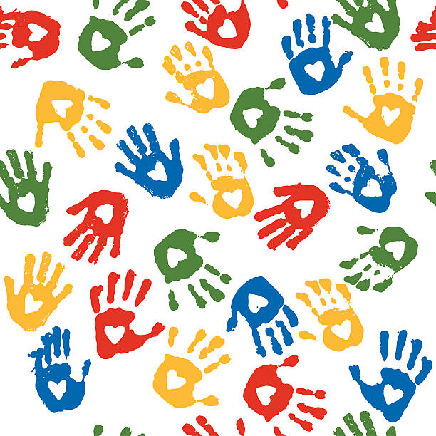 ilustrações, clipart, desenhos animados e ícones de coração handprint padrão sem emendas - multi colored heart shape backgrounds repetition