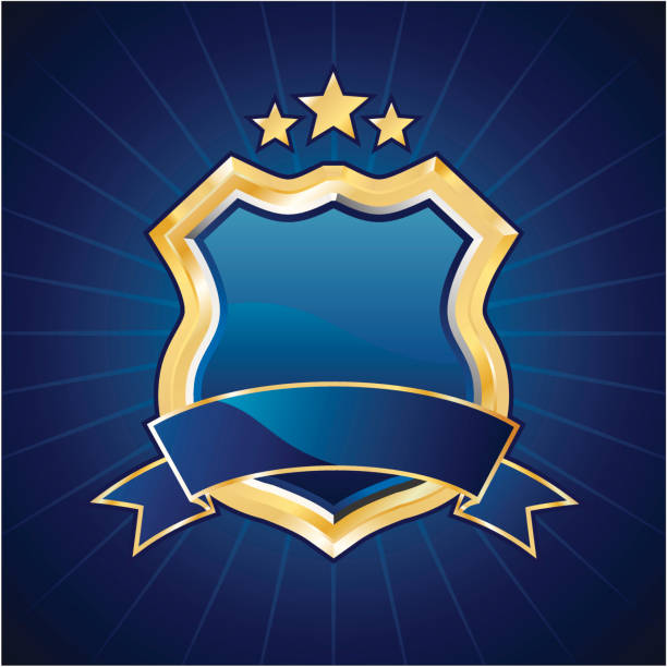 Blue golden shield Emblem template with space for copy riot shield illustrations stock illustrations