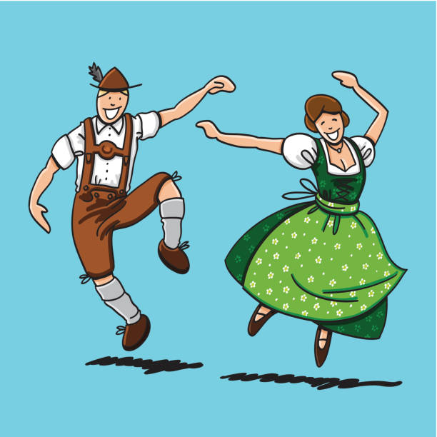 Traditional Bavarian Couple Dancing "Vector illustration of a bavarian couple in Dirndl and Lederhosen. They are dancing at the Beer Fest. The line art, color and background are on separate layers, so you also can use the illustration on your own background. The colors in the .eps-file are ready for print (CMYK). Included files: EPS (v8) and Hi-Res JPG." pics of dirndl skirt stock illustrations