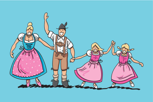 Traditional Bavarian Family With Two Daughters "Vector illustration of a happy bavarian family in Dirndl and Lederhosen. The line art, color and background are on separate layers, so you also can use the illustration on your own background. The colors in the .eps-file are ready for print (CMYK). Included files: EPS (v8) and Hi-Res JPG." pics of dirndl skirt stock illustrations