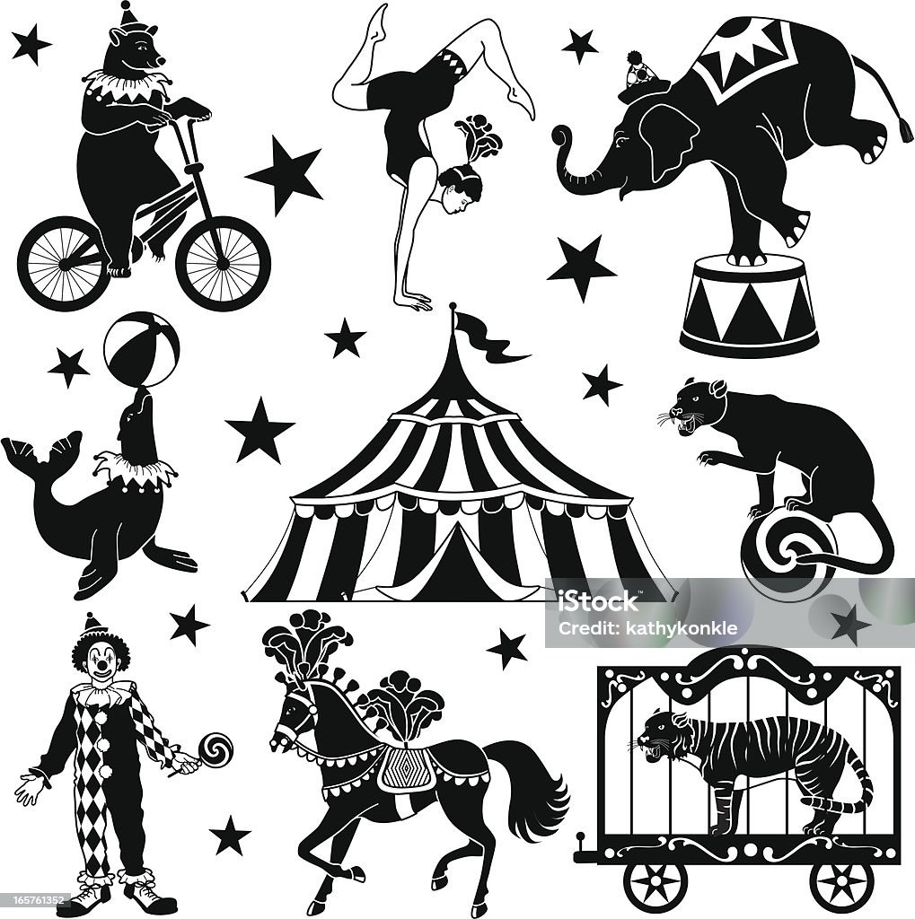 circus characters Vector illustrations of circus characters: bear riding a bicycle, acrobat, elephant standing on one foot, seal balancing a ball, circus tent, leopard on a ball, clown, circus horse, tiger in a circus wagon. Circus stock vector