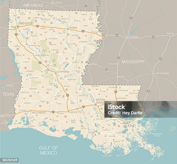 Ilustración de Mapa De Louisiana y más Vectores Libres de Derechos de Luisiana - Luisiana, Mapa, Mapa de carretera