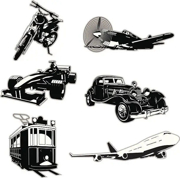 Vector illustration of Set of 6 black vehicle icons on white background