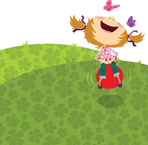 Vector illustration of Happy girl jumping, bouncing on a hopper ball.