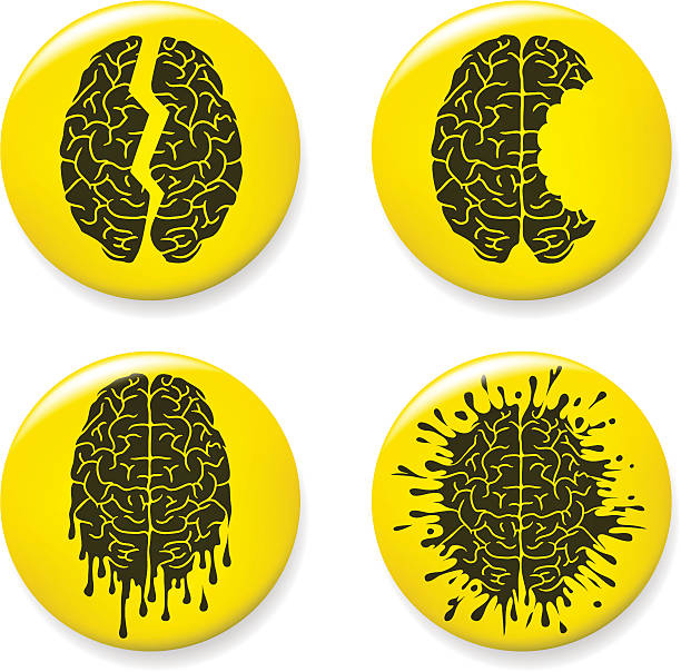 Brain damage pins Four pins with damaged brains: cracked, bited, melted, splattered. melting brain stock illustrations