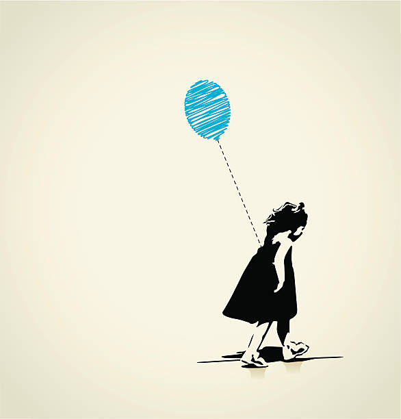 mädchen mit blauen ballons - hot air balloon illustrations stock-grafiken, -clipart, -cartoons und -symbole