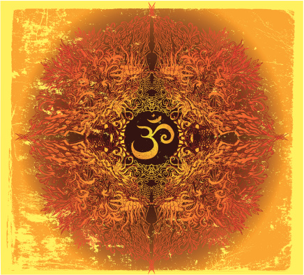 hand drawn composition of Om symbol exploding in fiery manifestation