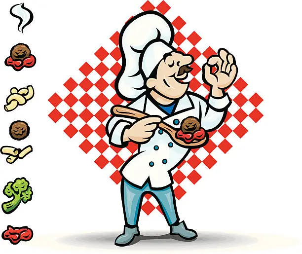 Vector illustration of Chef - Italian Cook with Spicy Meatball