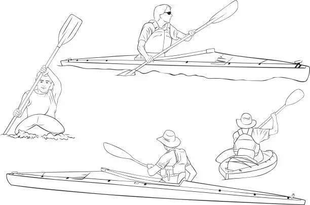 Vector illustration of Kayaking line drawings