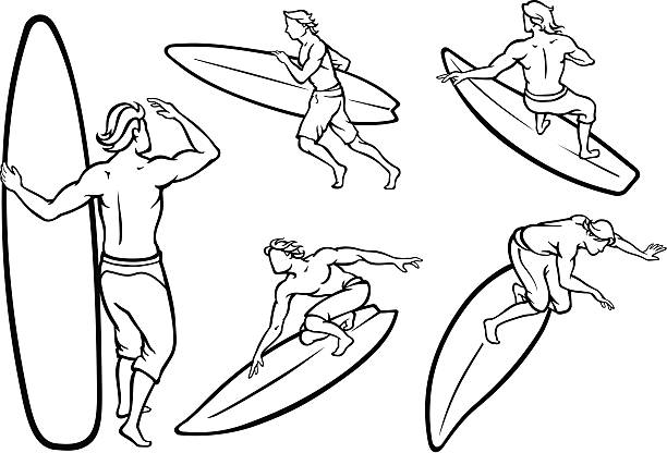 illustrations, cliparts, dessins animés et icônes de homme surfeur ensemble - silhouette water men jumping