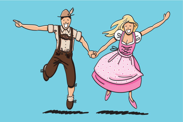 Beer Fest Couple Dancing Together "Vector illustration of a happy dancing bavarian couple in Dirndl and Lederhosen. The line art, color and background are on separate layers, so you also can use the illustration on your own background. The colors in the .eps-file are ready for print (CMYK). Included files: EPS (v8) and Hi-Res JPG." pics of dirndl skirt stock illustrations