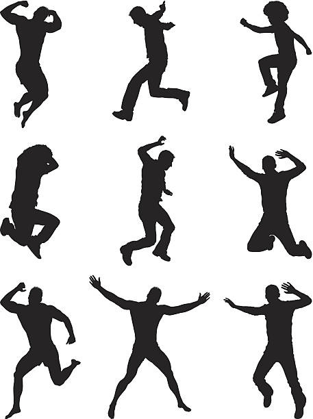 ilustrações, clipart, desenhos animados e ícones de homem posando ar silhuetas de saltar - men silhouette arms outstretched freedom