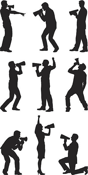 frauen und männern silhouetten rufen sie megaphones - bullhorn protest shaking fist men stock-grafiken, -clipart, -cartoons und -symbole