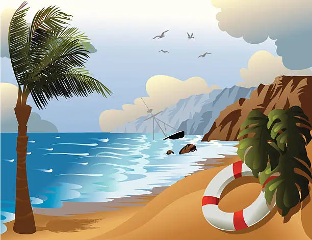 Vector illustration of Shipwreck on tropical island