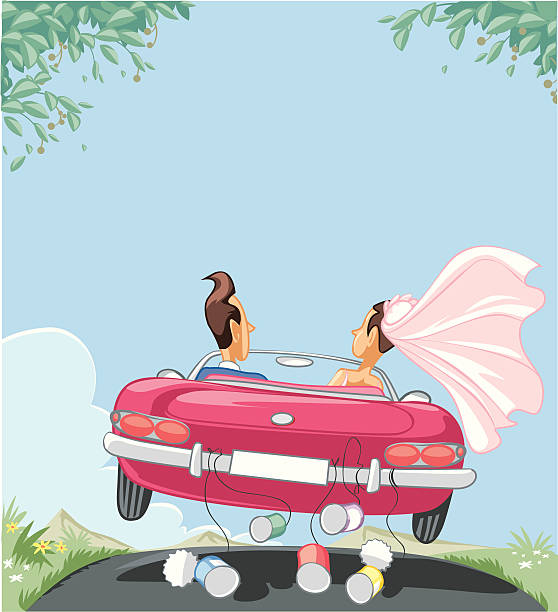 Just Married Newly married couple is traveling by car. Vector wedding cartoon stock illustrations