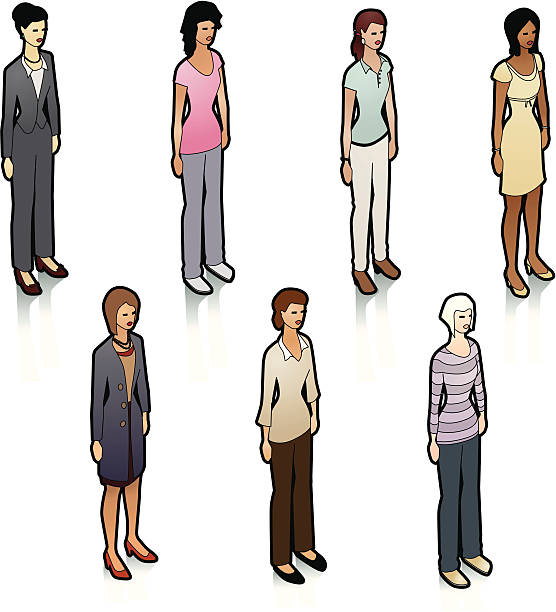 illustrazioni stock, clip art, cartoni animati e icone di tendenza di isometrica stock donne - cardigan blue dress white background