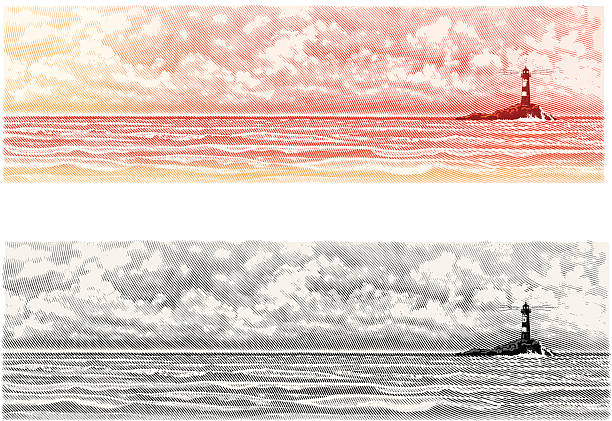 illustrazioni stock, clip art, cartoni animati e icone di tendenza di faro con paesaggio marino e panorama di nuvole - sea cloud cloudscape sky