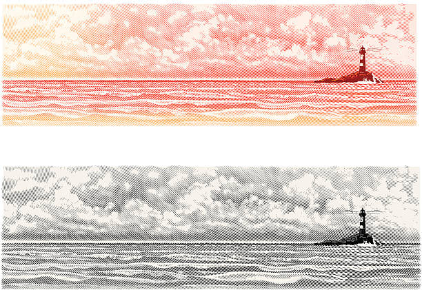 등대, 바다 경치를, 구름 풍경 - scratchboard stock illustrations