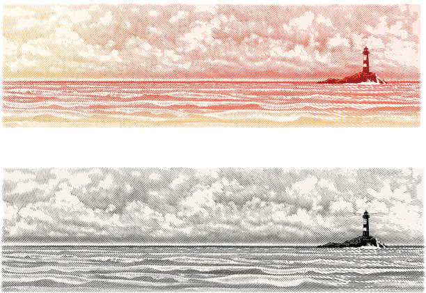 latarnia morska z seascape i krajobraz z chmurami - storm lighthouse cloudscape sea stock illustrations