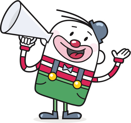 cartoon clown with a bullhorn announcing something