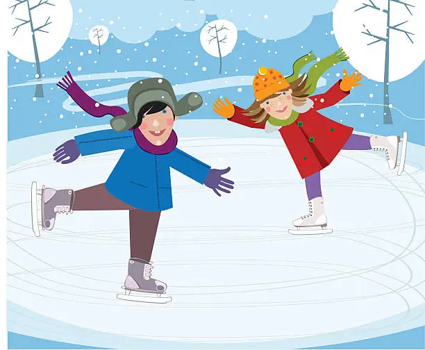 Vector illustration of Kids Skating In Winter Park