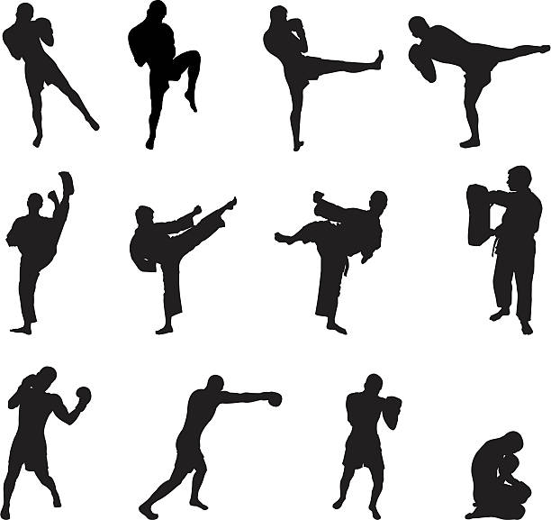 ilustrações de stock, clip art, desenhos animados e ícones de kick boxe - karate kickboxing martial arts silhouette