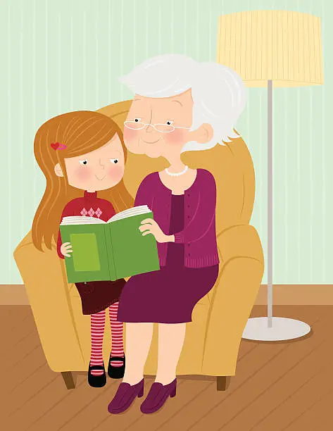 Vector illustration of Cartoon of grandmother and granddaughter during storytime