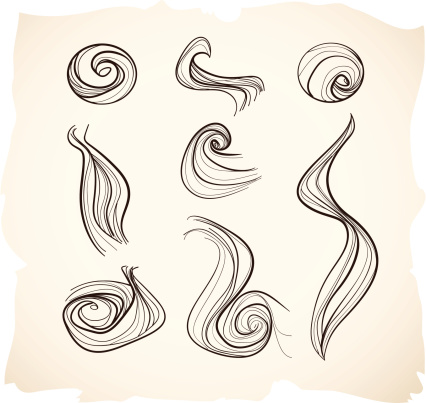Several grunge and hand drawn sketches resembling hair, wind, air or smoke.