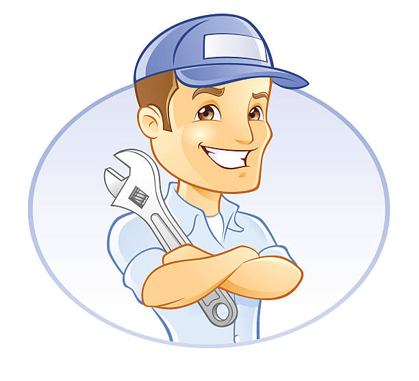 Handwerker, Mann für, Mechaniker oder Klempner mit Schraubenschlüssel – Vektorgrafik