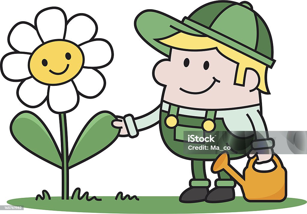 Дружелюбный Садовник с цветок и Лейка - Векторная графика Антропоморфный смайлик роялти-фри