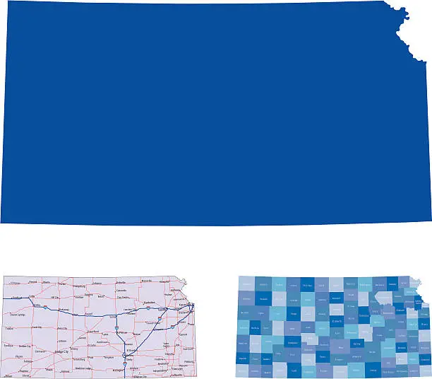 Vector illustration of Kansas in solid, roads, and county mapping