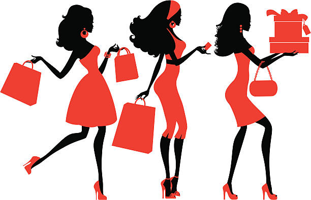 ilustraciones, imágenes clip art, dibujos animados e iconos de stock de tonos de las chicas de compras - women gift style fashion